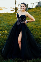 Stunning Strapless Beaded Ball Gown with Slit in Hot Pink BM bride