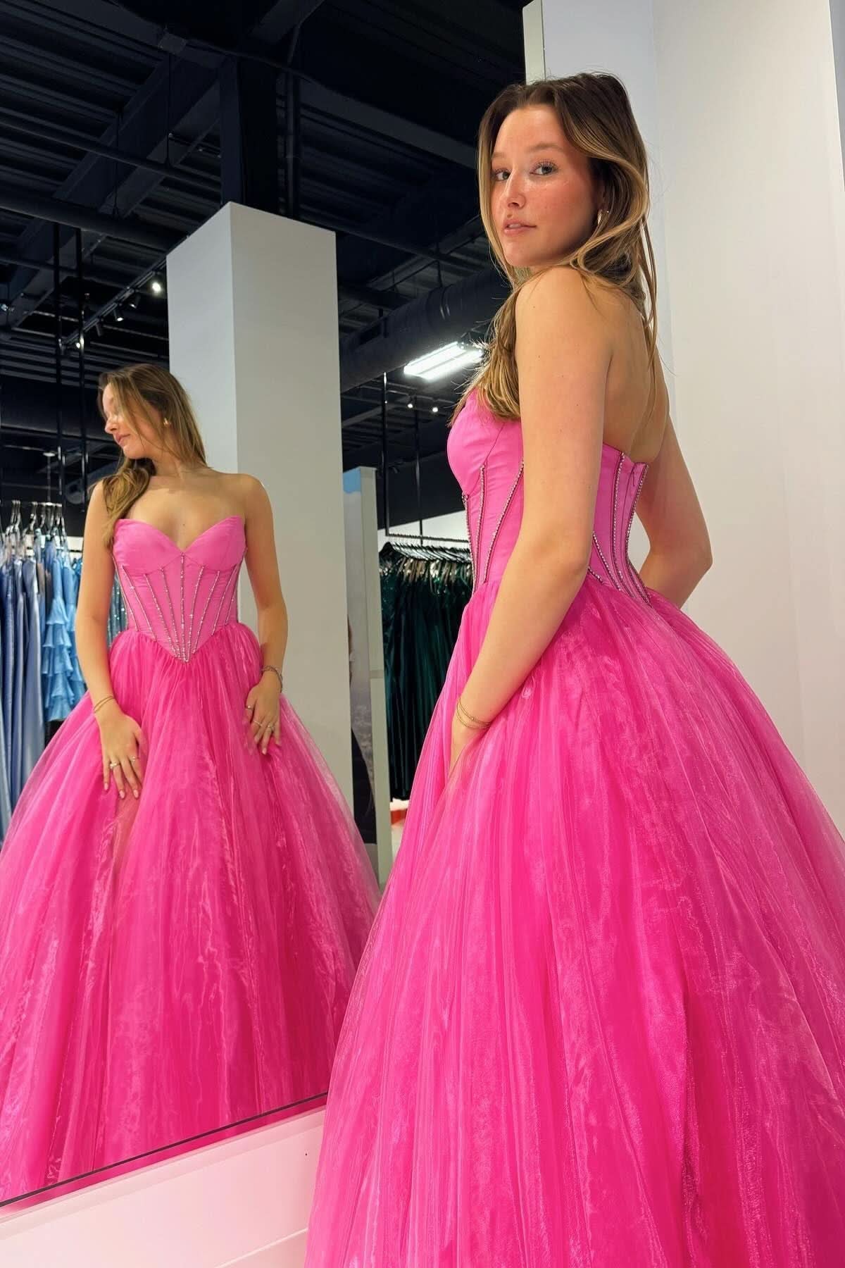 Stunning Strapless Beaded Ball Gown with Slit in Hot Pink BM bride