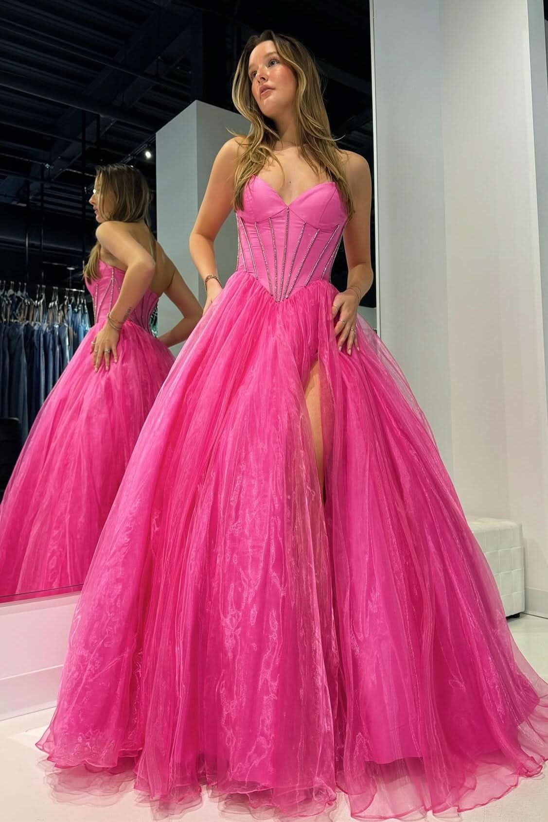 Stunning Strapless Beaded Ball Gown with Slit in Hot Pink BM bride