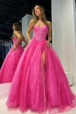 Stunning Strapless Beaded Ball Gown with Slit in Hot Pink BM bride