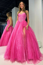 Stunning Strapless Beaded Ball Gown with Slit in Hot Pink BM bride