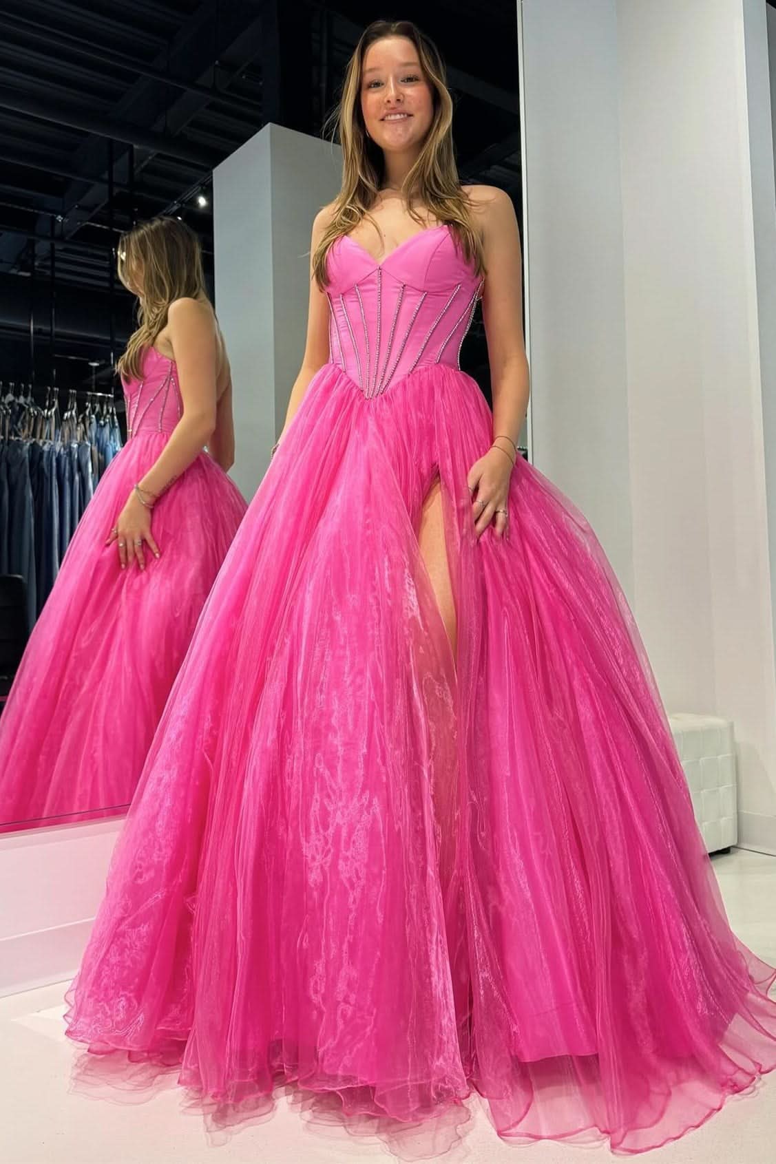 Stunning Strapless Beaded Ball Gown with Slit in Hot Pink BM bride