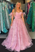 Lovely Pink Print Off-the-Shoulder A-Line Long Prom Dress BM bride