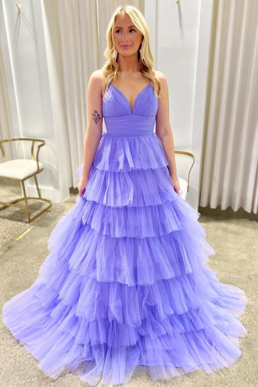 Gorgeous Lavender V-Neck Ruffle Tiered Long Prom Gown BM bride