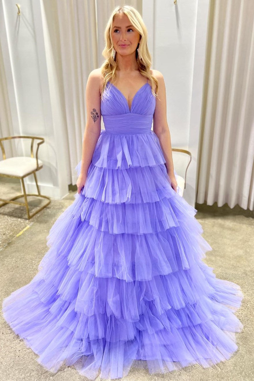 Gorgeous Lavender V-Neck Ruffle Tiered Long Prom Gown BM bride