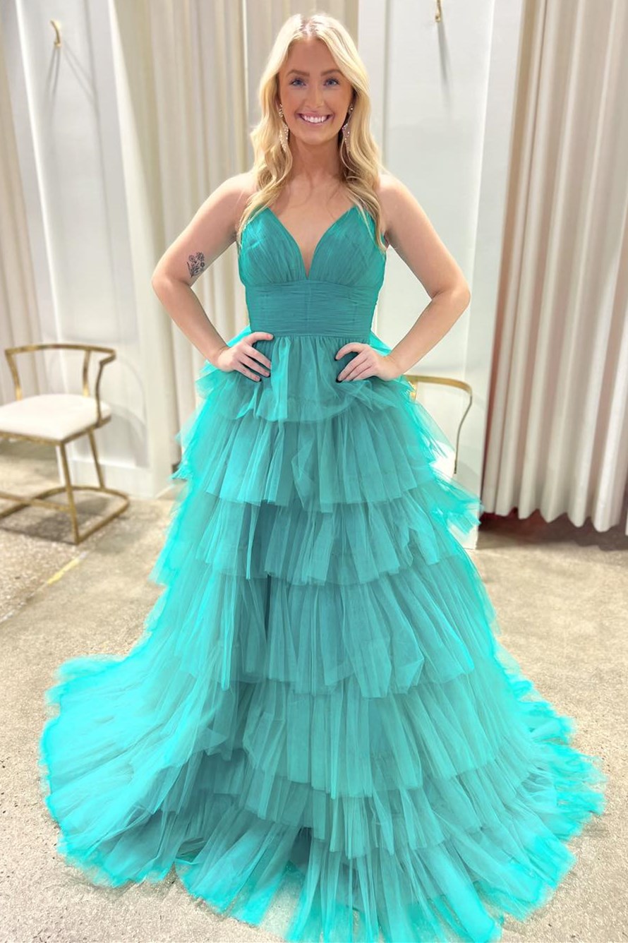 Gorgeous Lavender V-Neck Ruffle Tiered Long Prom Gown BM bride