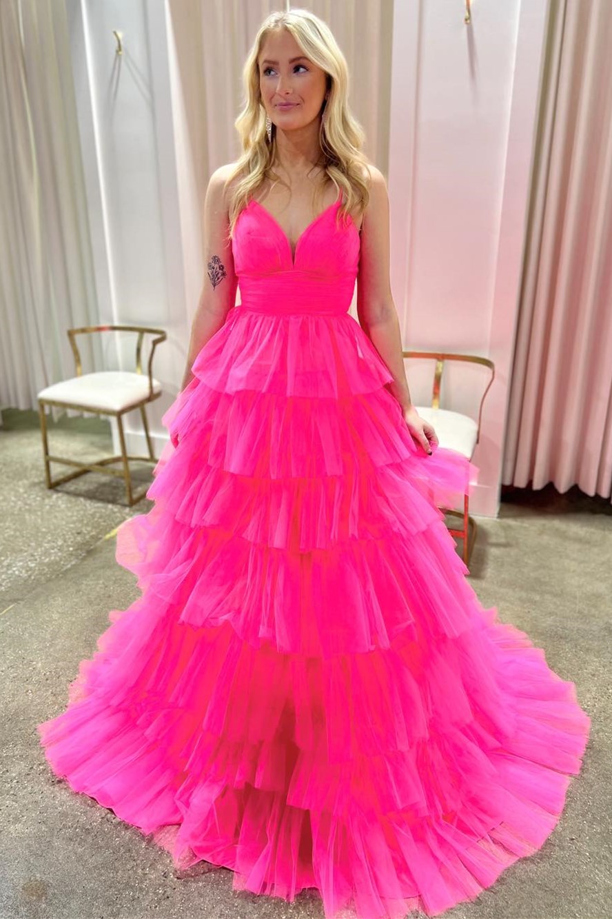 Gorgeous Lavender V-Neck Ruffle Tiered Long Prom Gown BM bride