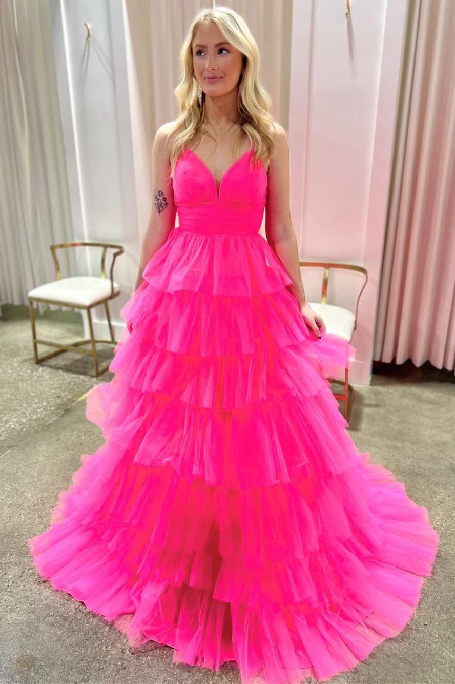 Gorgeous Lavender V-Neck Ruffle Tiered Long Prom Gown BM bride