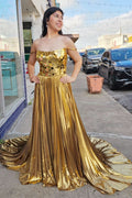 Dazzling Metallic Off-the-Shoulder Pleated Prom Dress with Broken Mirrors BM bride