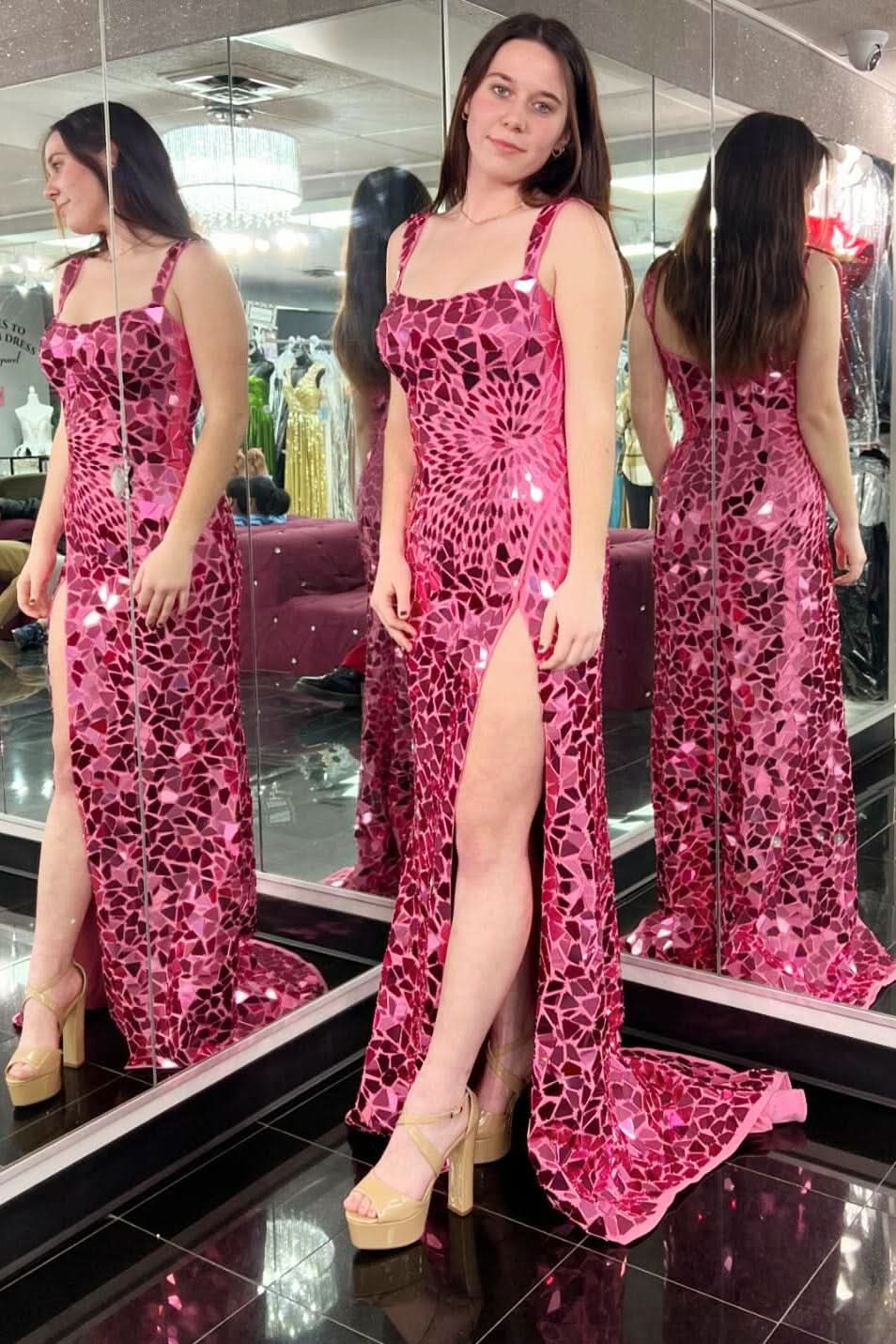 Stylish Cut Glass Mirror Long Prom Dress with Slit in Pink BM bride