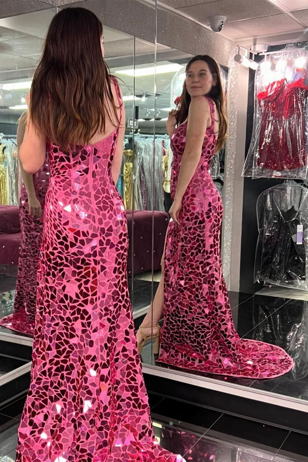 Stylish Cut Glass Mirror Long Prom Dress with Slit in Pink BM bride