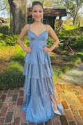 Beautiful Periwinkle Corset Multi-Layer Ruffle Long Prom Dress BM bride