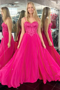 Dazzling Magenta Appliques Sweetheart A-Line Long Prom Dress with Slit BM bride
