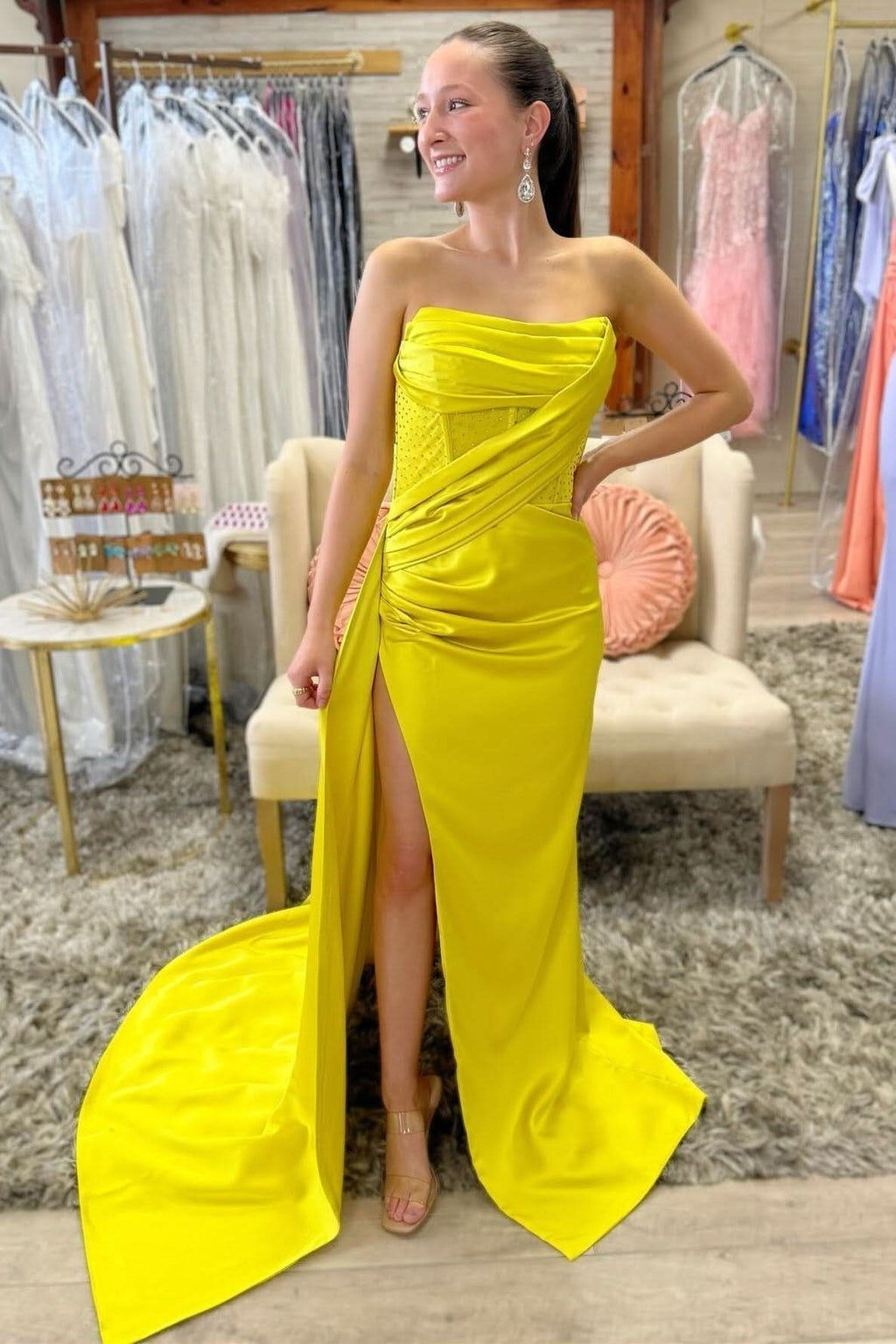 Stylish Strapless Beaded Ruched Maxi Dress with Attached Train BM bride