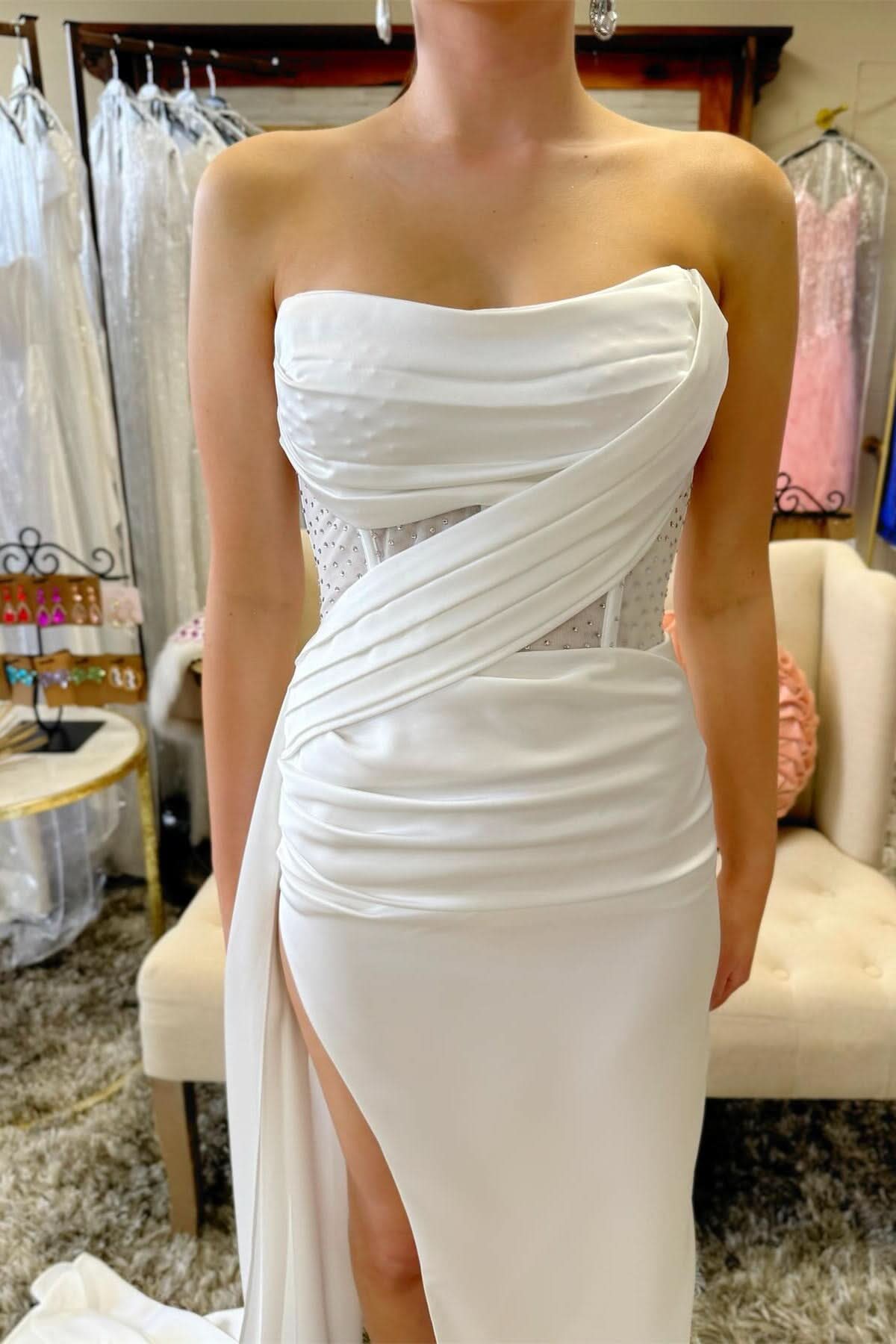 Stylish Strapless Beaded Ruched Maxi Dress with Attached Train BM bride
