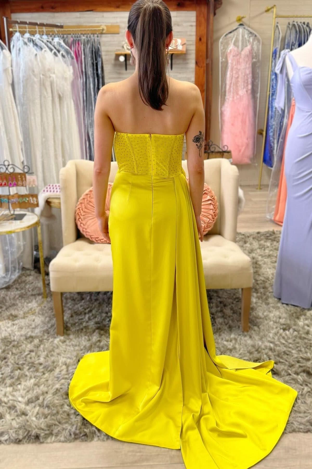 Stylish Strapless Beaded Ruched Maxi Dress with Attached Train BM bride