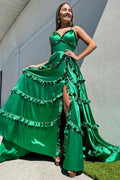 Captivating Green V-Neck Backless Ruffle A-Line Prom Gown with Slit BM bride
