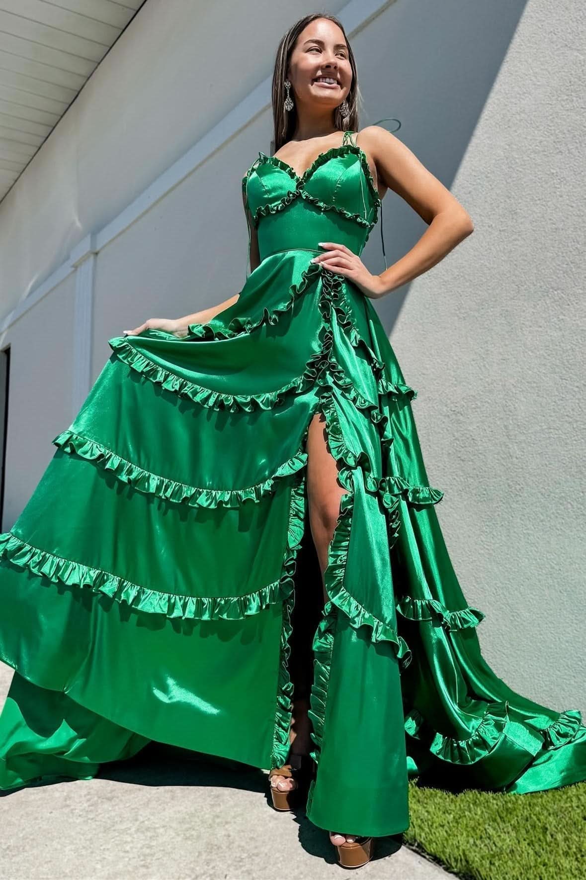 Captivating Green V-Neck Backless Ruffle A-Line Prom Gown with Slit BM bride