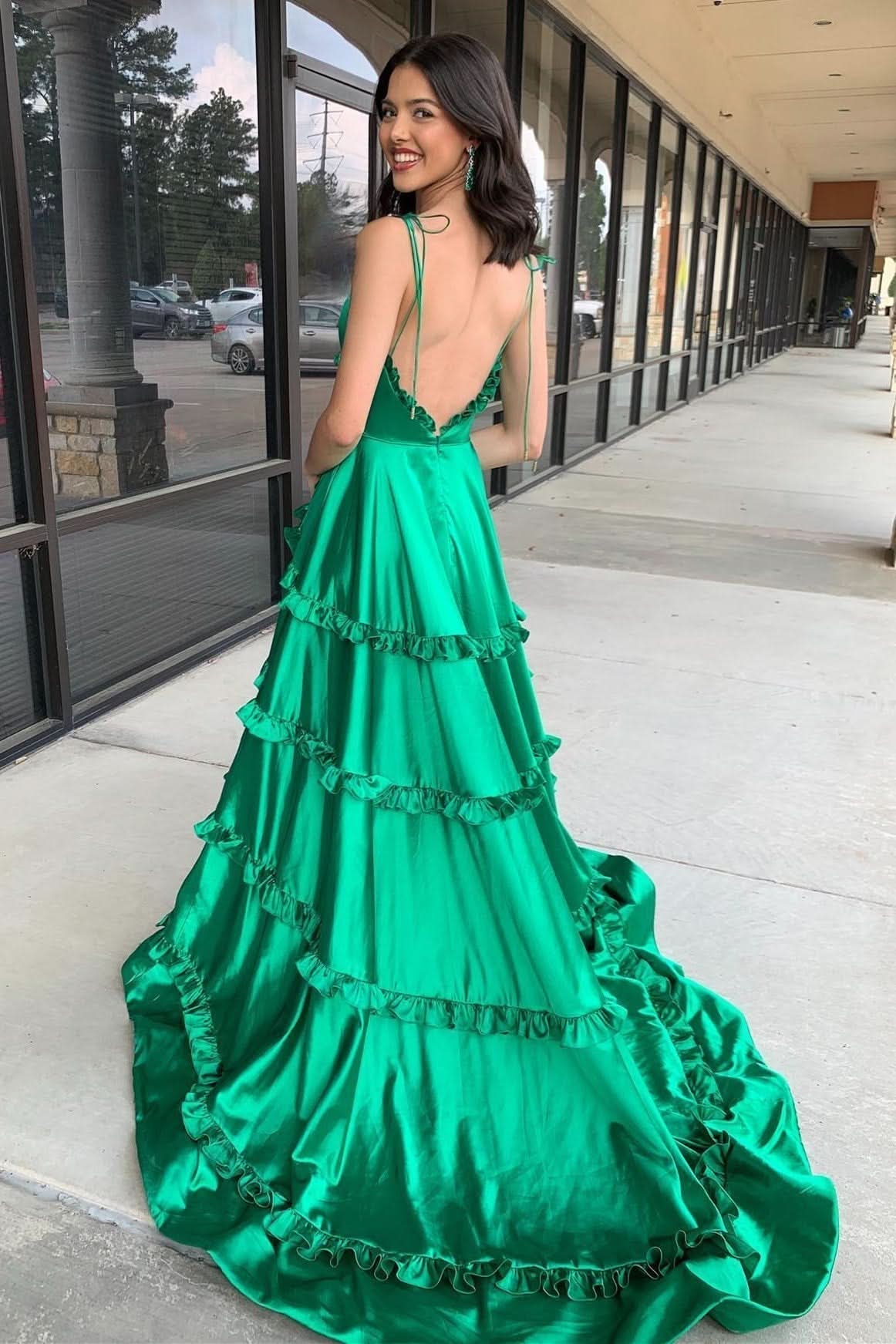 Captivating Green V-Neck Backless Ruffle A-Line Prom Gown with Slit BM bride