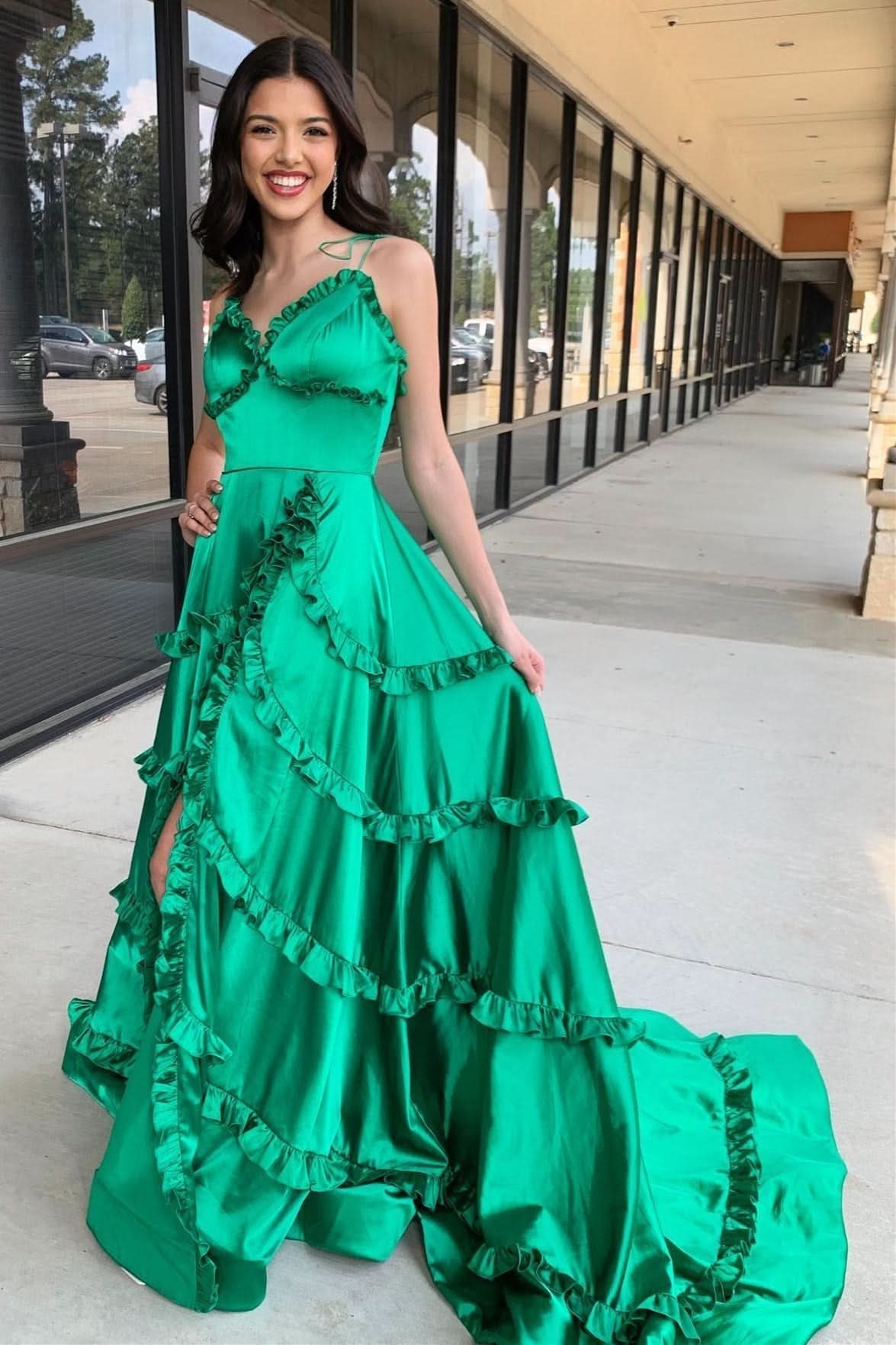 Captivating Green V-Neck Backless Ruffle A-Line Prom Gown with Slit BM bride