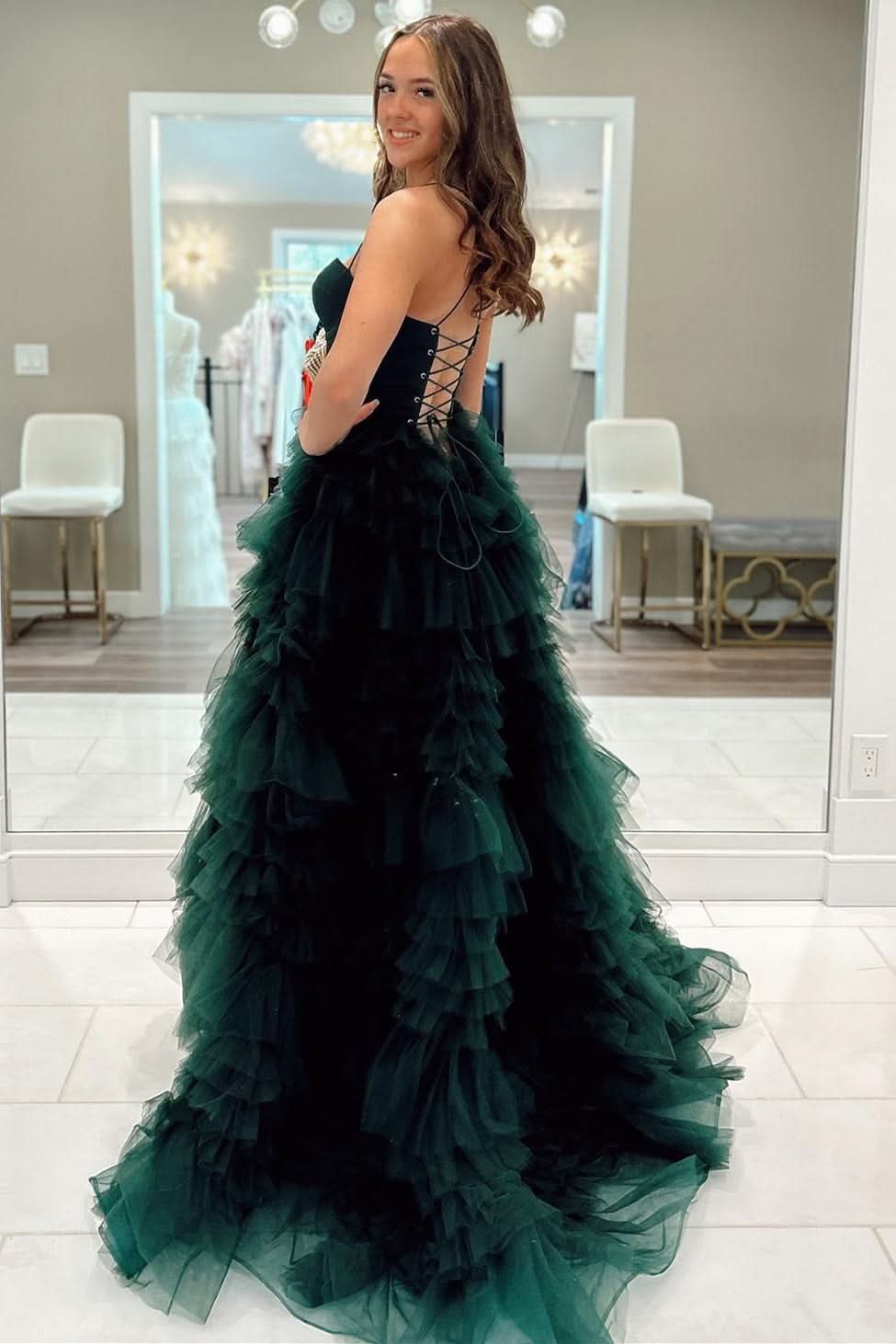Gorgeous Emerald Sweetheart Lace-Up Ruffle Prom Gown with Slit BM bride