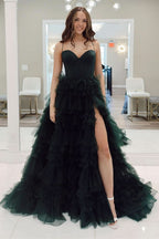 Gorgeous Emerald Sweetheart Lace-Up Ruffle Prom Gown with Slit BM bride