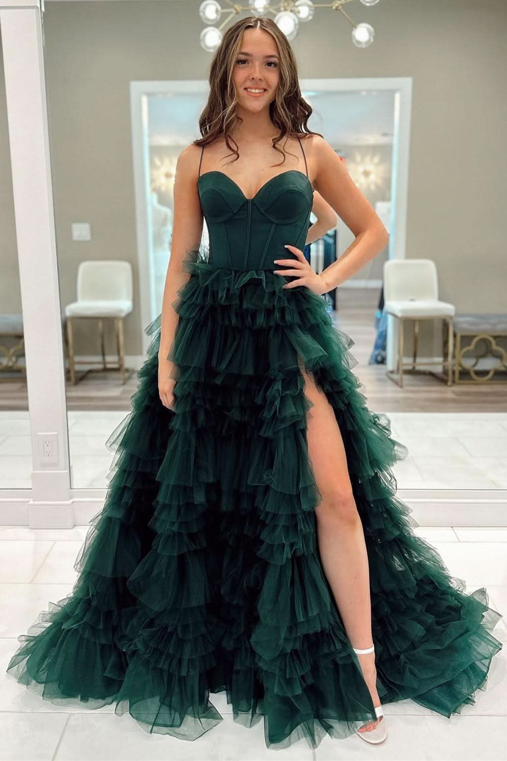 Gorgeous Emerald Sweetheart Lace-Up Ruffle Prom Gown with Slit BM bride