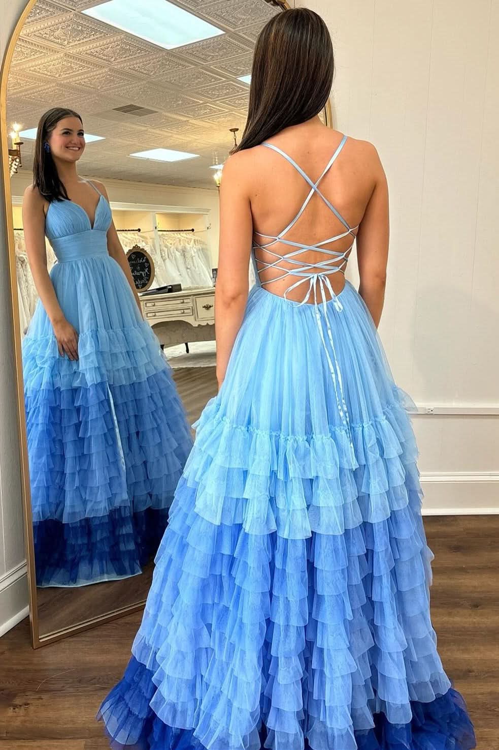 Charming V-Neck Ruffle Tiered Prom Dress in Lavender and Purple Ombre BM bride