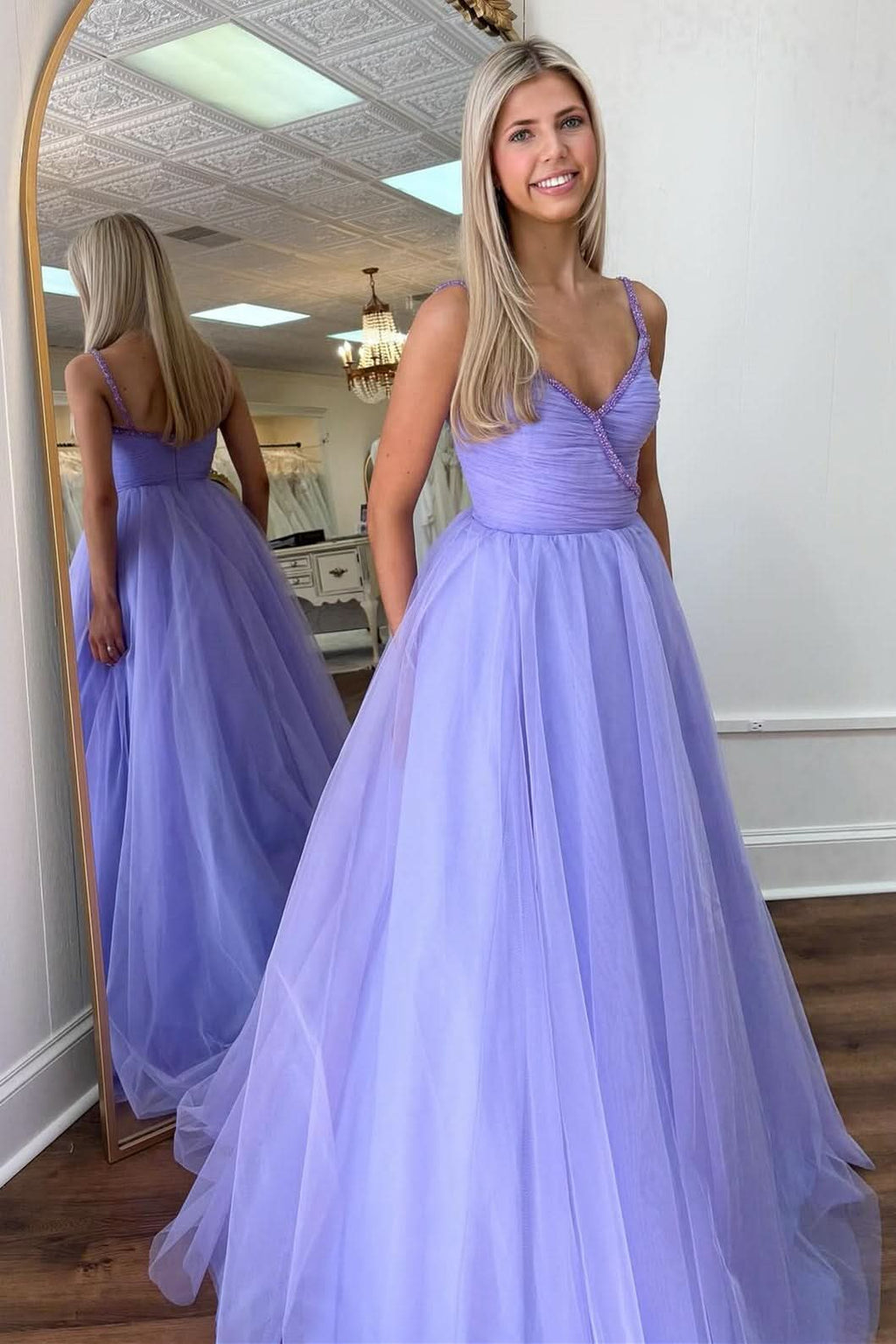 Beautiful Lavender Beaded Surplice Tulle Prom Dress BM bride