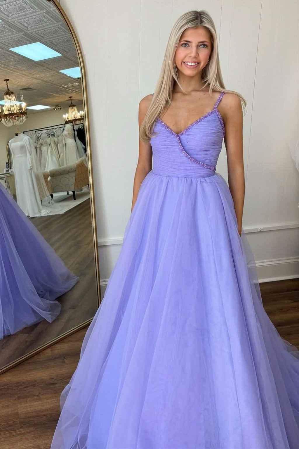Beautiful Lavender Beaded Surplice Tulle Prom Dress BM bride