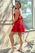 Elegant Red Backless Short Dress with Rosette Embellished Straps BM bride