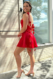 Charming Red Backless Short Dress with Rosette Embellished Straps BM bride