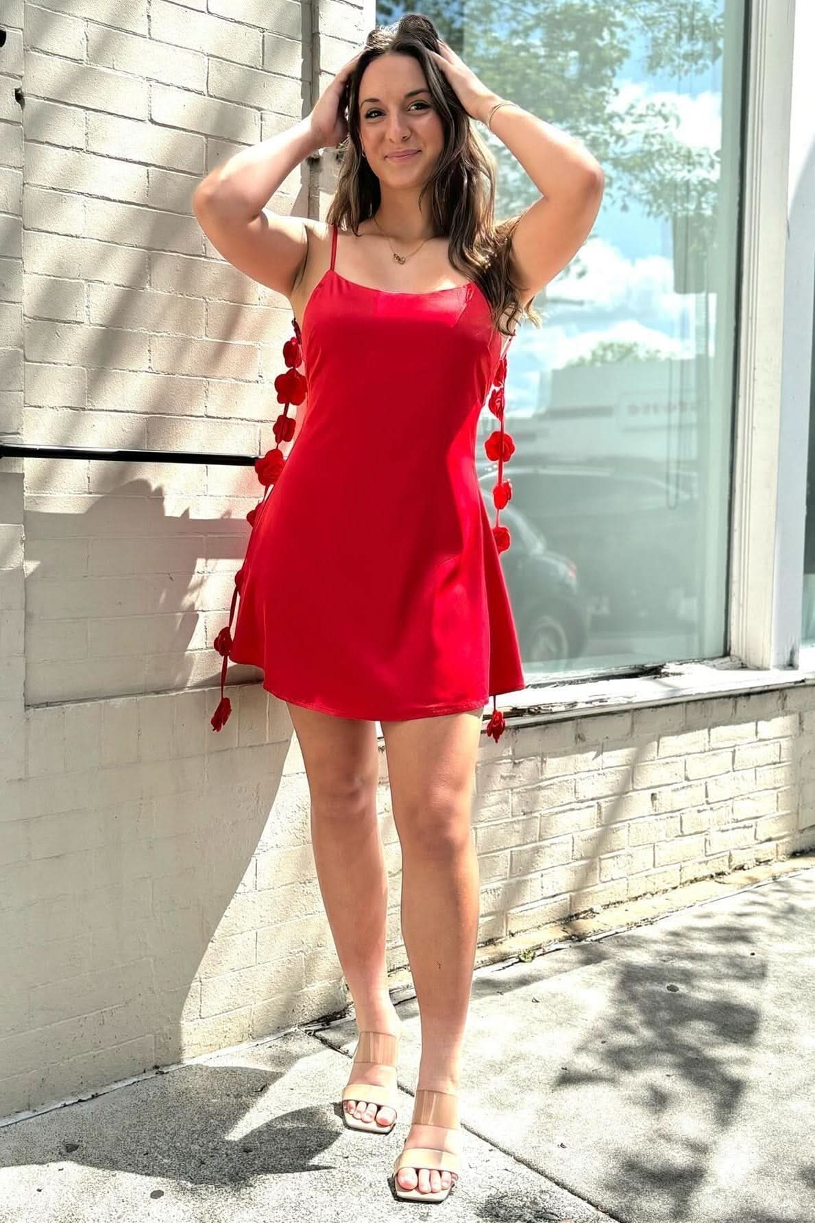 Elegant Red Backless Short Dress with Rosette Embellished Straps BM bride