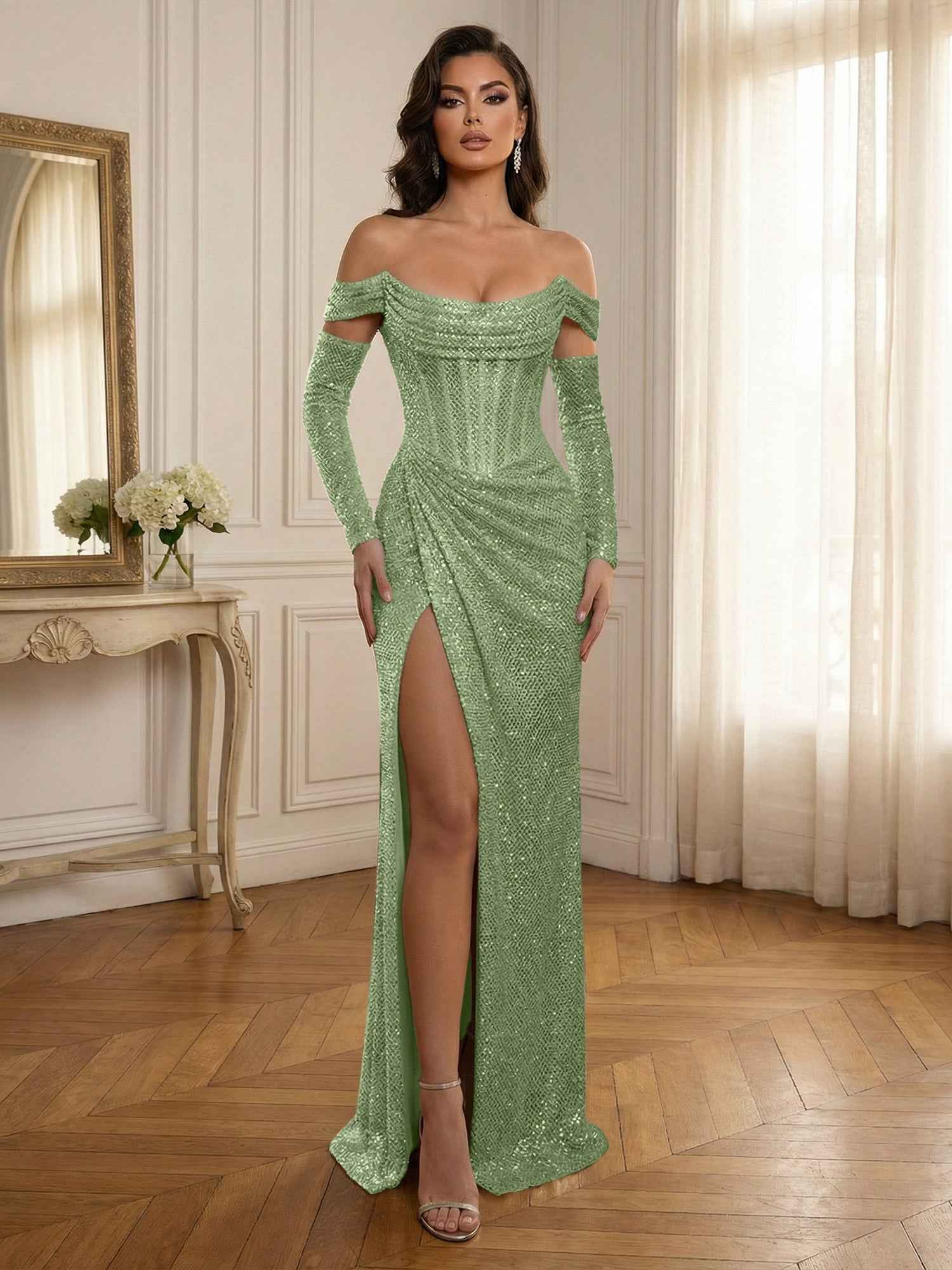 Glamorous Sequined Off-Shoulder Corset Bodice Long Prom Dress with High Slit