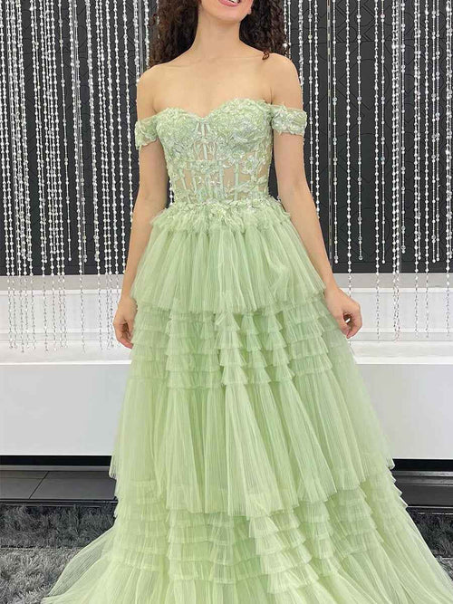 Sage Green Off-the-Shoulder Tiered Tulle Long Prom Dress BMBRIDE