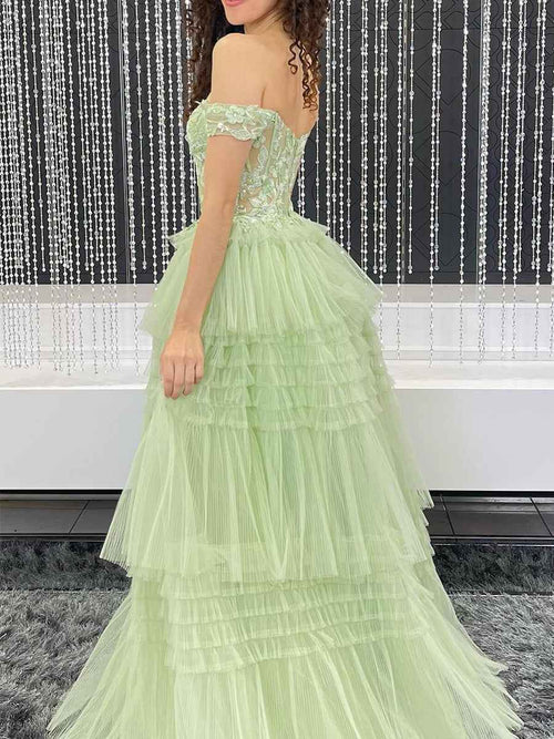 Sage Green Off-the-Shoulder Tiered Tulle Long Prom Dress BMBRIDE