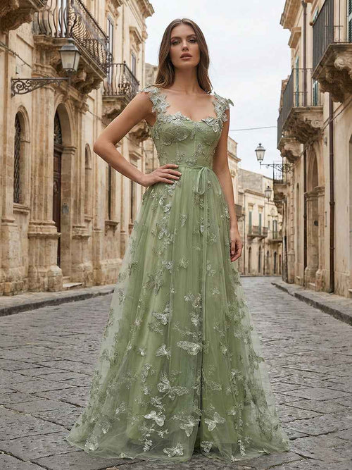 Sage Green Sweetheart A Line Butterfly Tulle Corset Prom Dress BMBRIDE