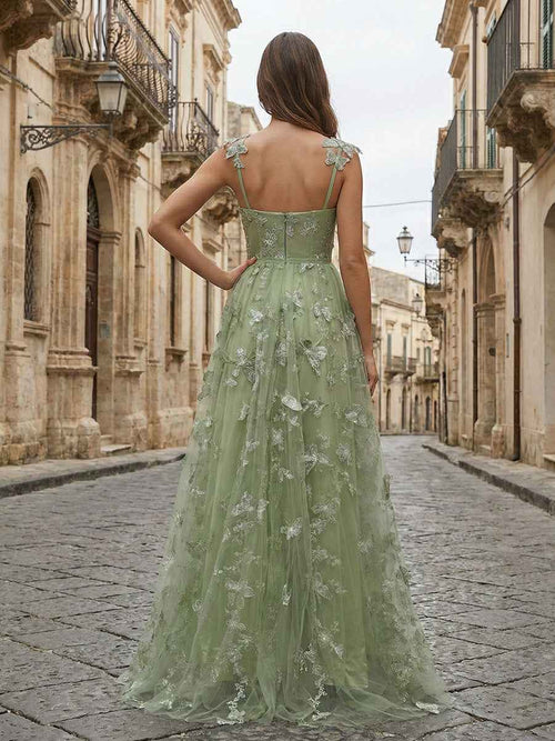 Sage Green Sweetheart A Line Butterfly Tulle Corset Prom Dress BMBRIDE