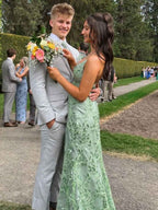 Sage Green V Neck Fitted Long Porm Dress with Slit