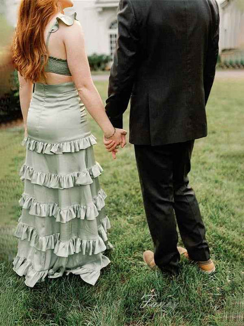 Sage A Line Keyhole Ruffle Long Prom Party Dress with Slit BMBRIDE