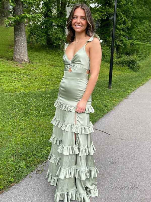 Sage A Line Keyhole Ruffle Long Prom Party Dress with Slit BMBRIDE
