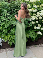 Blue A Line V-neck Beaded Back Tie Long Prom Dress