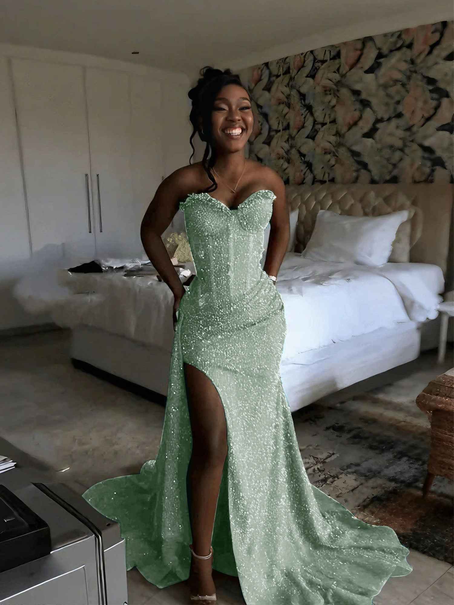 Glitter Strapless Mermaid Sequined Long Prom Dress with Slit