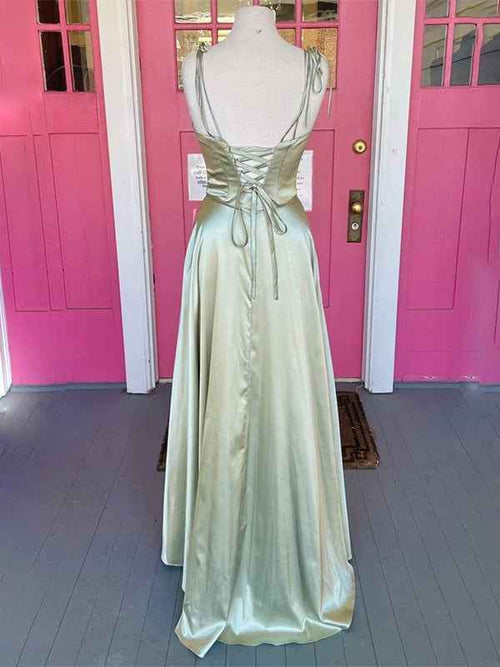 Sage Green A-line Spaghetti Straps Long Prom Formal Dress with Cowl Neck BMBRIDE