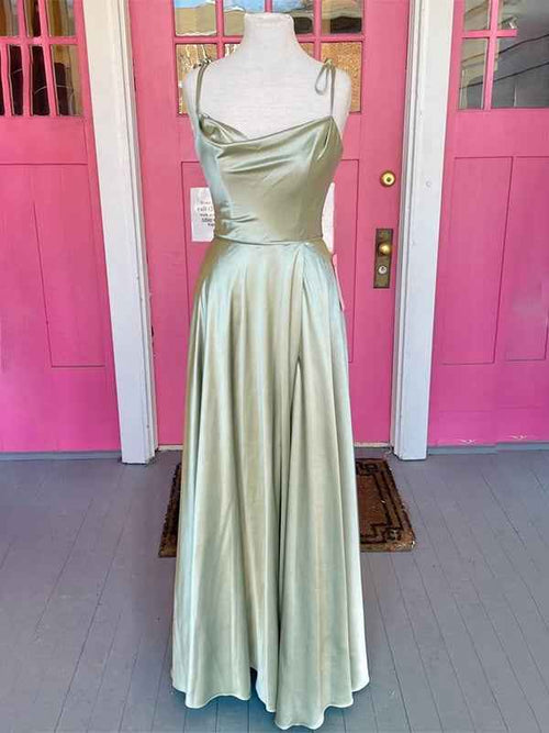 Sage Green A-line Spaghetti Straps Long Prom Formal Dress with Cowl Neck BMBRIDE