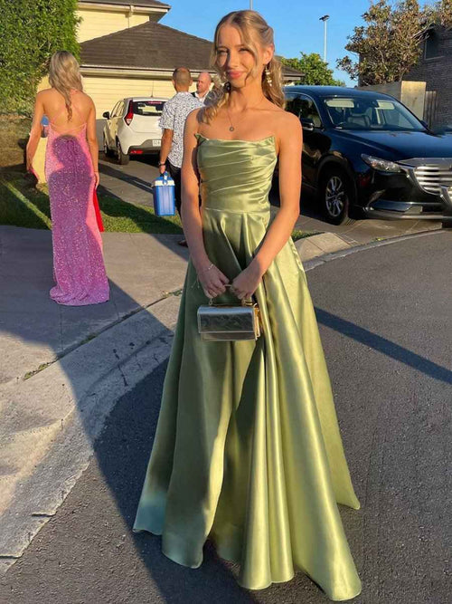 Sage Green A Line Strapless Satin Long Prom Dress with Slit BMBRIDE