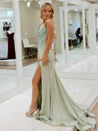 Sage Green Mermaid V Neck Appliqued Long Prom Dresses with Slit