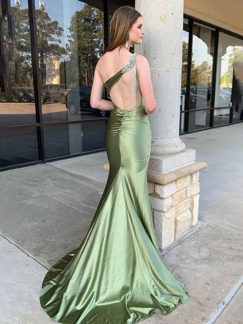 Sage Mermaid One Shoulder Beaded Long Satin Prom Dress with Slit BMBRIDE