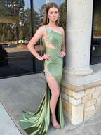 Sage Mermaid One Shoulder Beaded Long Satin Prom Dress with Slit