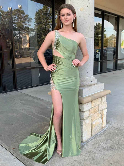 Sage Mermaid One Shoulder Beaded Long Satin Prom Dress with Slit BMBRIDE